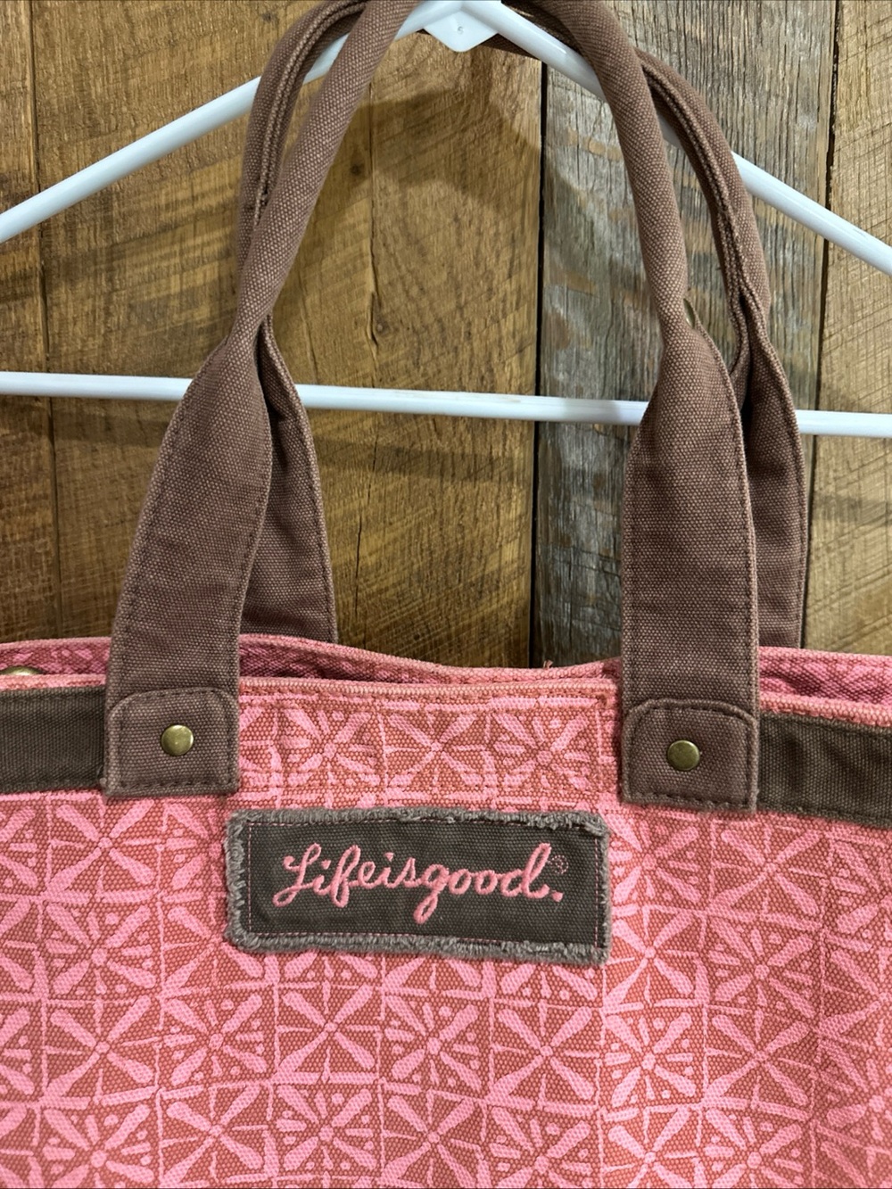 Life Is Good Pink Canvas Tote Bag Brown Handles “There’s No Place Like Roam” - Picture 2 of 11